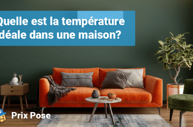 Salon moderne avec canapé orange, fauteuil vert, table basse ronde et plantes. Texte en français : "Quelle est la température idéale dans une maison ?"