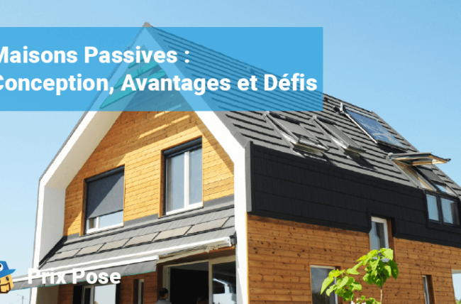 Image d'une maison moderne en bois avec des panneaux solaires sur le toit, illustrant le concept des maisons passives. Le texte sur l'image indique : 'Maisons Passives : Conception, Avantages et Défis'. En bas à gauche, le logo 'Prix Pose' est visible.