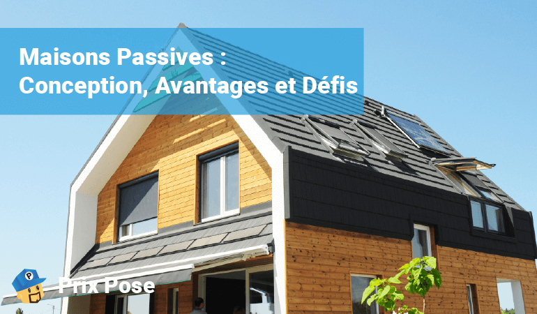 Image d'une maison moderne en bois avec des panneaux solaires sur le toit, illustrant le concept des maisons passives. Le texte sur l'image indique : 'Maisons Passives : Conception, Avantages et Défis'. En bas à gauche, le logo 'Prix Pose' est visible.